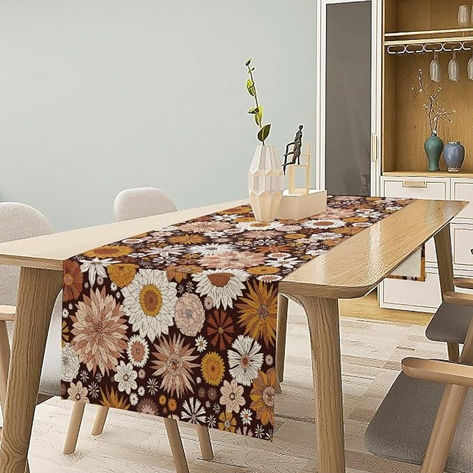 Boho Floral Table Runner, Vintage Country Farmhouse Daisy Flowers Modern Kitchen Dining Room Decoration for Indoor and Outdoor Wedding Party Banquet Table Runner 13x36 Inch