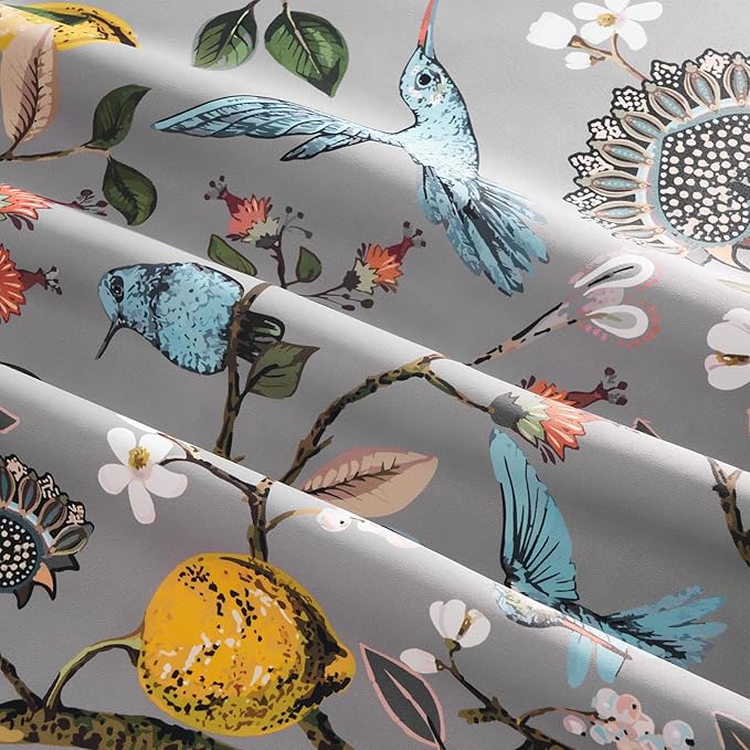 Vintage Floral Pinch Pleated Blackout Curtains 84 Inches Long 2 Panels for Bedroom Living Room Grey White Flower Patterned Room Darkening，Lemon Design Hummingbird Colorful Window Treatments Drapes