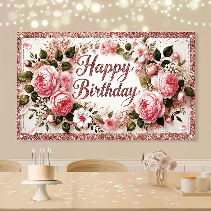 Happy Birthday Backdrop Rose Gold Glitter Peony Floral Banner Birthday Party Decorations Photography Background for Women Girls Wedding Baby Shower Decor Photo Booth Supplies 6x4ft