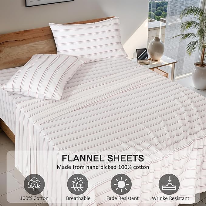 RUVANTI Flannel Sheets Queen Size - 100% Cotton Double Brushed Bed Sheets, Deep Pockets 16 Inches Queen Sheet Set, All Seasons Breathable & Extra Soft - Warm & Cozy, 4 Piece, Twill Stripe