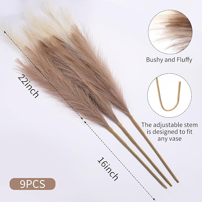 9 Stems Faux Pampas Grass - 38 Inch Long Fluffy Pompous Grass Bulk, Big Artificial Pompas Floral for Baby Shower Decoration, Wedding Centerpieces and Boho Home Decor (Beige & Taupe)