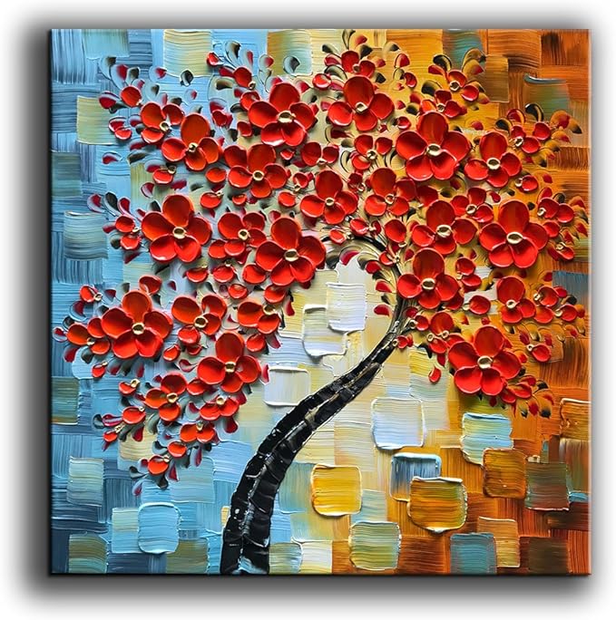YaSheng Art - contemporary artwork handmade Oil Painting On Canvas Red Flowers Paintings Modern Home art wall decor Abstract Art picture Canvas Art Ready to hang 30x30inch