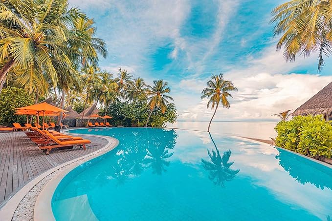 Outdoor Travel Landscape Mural with Swimming Pool Beach Resort Wallpaper, Coconut Trees and Blue Sky View Wall Mural（Non-self-Adhesive）