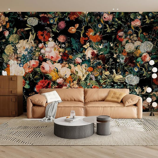 Zeeko Dark Floral Wallpaper Peel and Stick 177" W x 110" H Waterproof Canvas Fabric Vintage Moody Large Wall Mural Self Adhesive Removable Wall Paper for Bedroom Living Room Art Deco