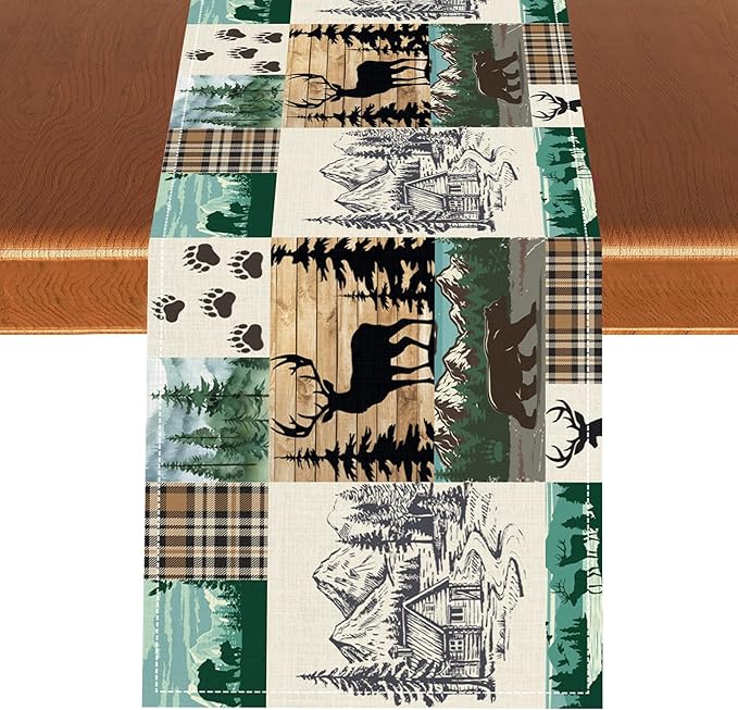 Rustic Cabin Table Runner, Farmhouse Deer Bear Retro Pine Forest Wooden Plank Wild Animal Seasonal Coffee Table Center Decor for Home Kitchen Dining Patio Holiday Party Table Decorations 13x36 inches