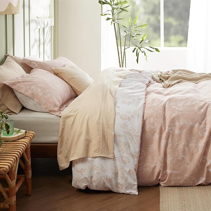 Bedsure Duvet Cover King Size - Reversible Pink King Duvet Cover Set with Zipper Closure, 3 Pieces Botanical Floral Patterned Bedding Set with 8 Corner Ties and 2 Pillow Shams