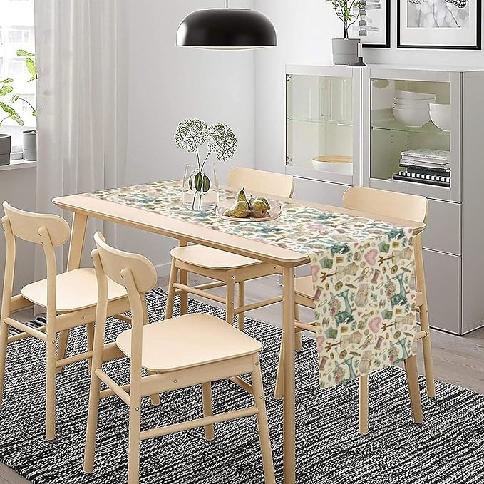Sewing Theme Table Runner,Vintage Sewing Machine Tool Watercolor Pattern Print Tablecloth Burlap for Hotel Indoors Outdoor Dining Room Kitchen Home Decor,W13X L108 in