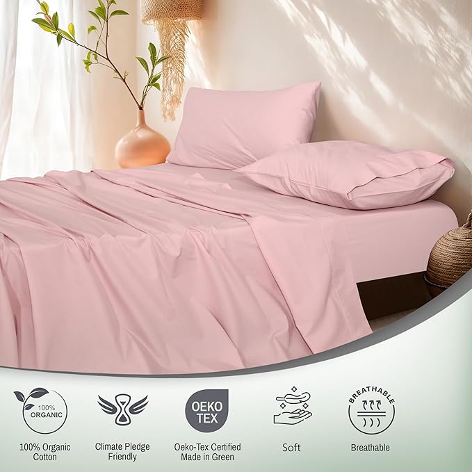 RUVANTI 100% Organic Cotton Sheets Split King, Percale Weave, GOTS Certified, 5-Piece Set, Deep Pocket 15", Crisp & Breathable, Soft Durable Bedding, Sábanas Algodón Orgánico – Peach Skin
