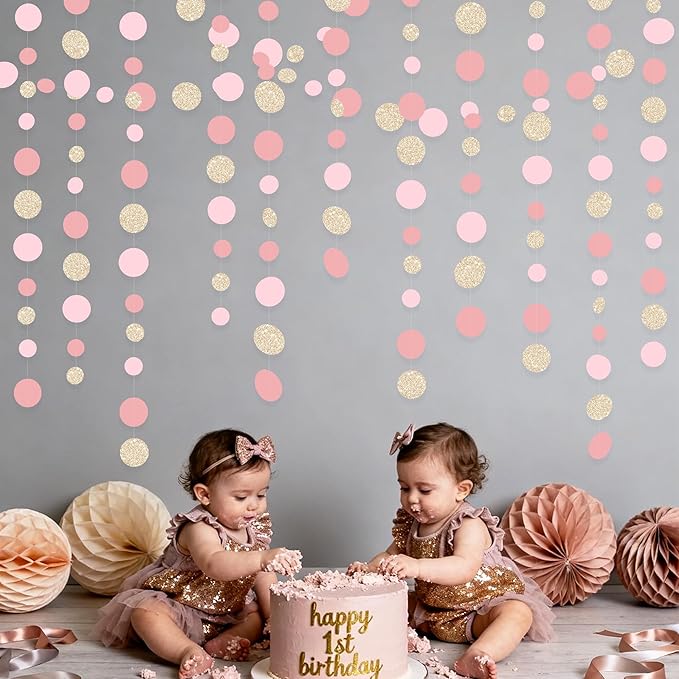 Champagne Gold Rose Pink Polka Dot Garland Champagne Dusty Pink Circle Dot Hanging Streamer Banner for Birthday Baby Shower Bridal Shower Wedding Engagement Retirement Boho Party Decorations Supplies