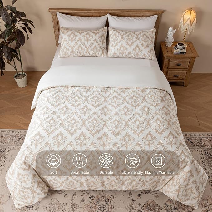 Cotton Floral Clipped Jacquard Duvet Cover Queen Size Bedding Set, Soft Textured Comfy Breathable Jacquard Comforter Duvet Cover with 2 Pillow Shams, Button Closure&Corner Ties, Khaki Color