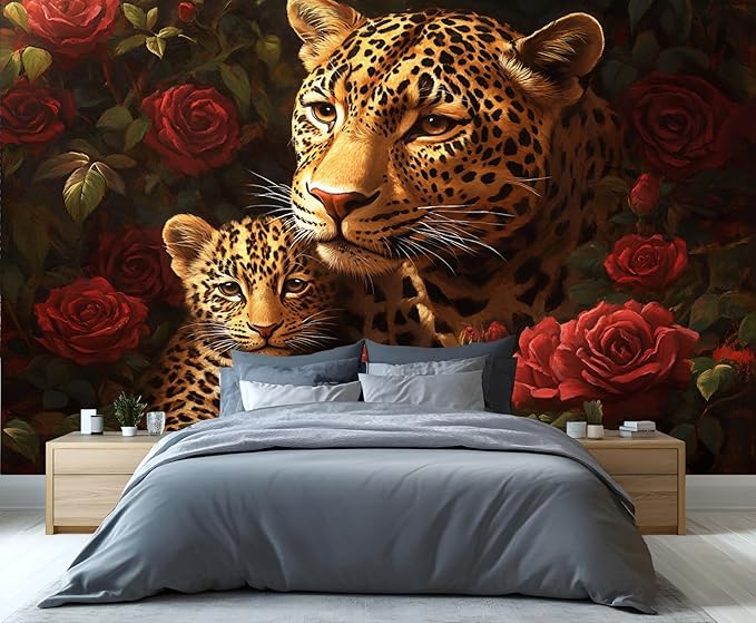 Jungle Rose Leopard Wall Mural, Big Cat Floral 3D Wall Murals, Wild Animal Leopard Wallpaper Mural, for Living Room Bedroom Large Wallpaper Indoor Decor 118" W x 82.6 "H