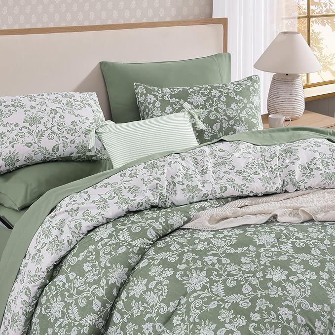 Full Comforter Set -7 Pieces Floral Grey Green Comforter Set for All Seasons, Bed in a Bag Full with Botanical Flowers Comforter, Sheets, Pillowcases & Shams