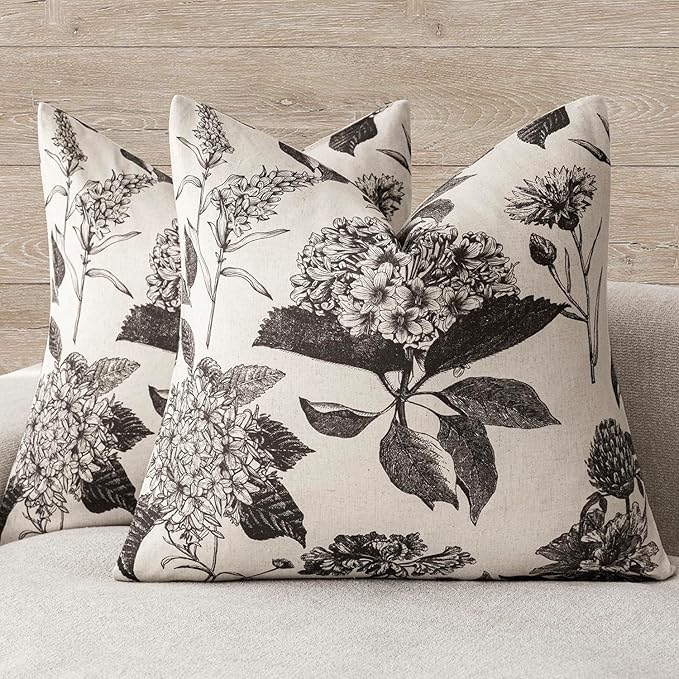 Foindtower Set of 2 Linen Floral Vintage Throw Pillow Covers Neutral Accent Print Decorative Cushion Covers Farmhouse Boho Home Decor for Sofa Chair Couch Bedroom Living Room,24×24 Inch,Black