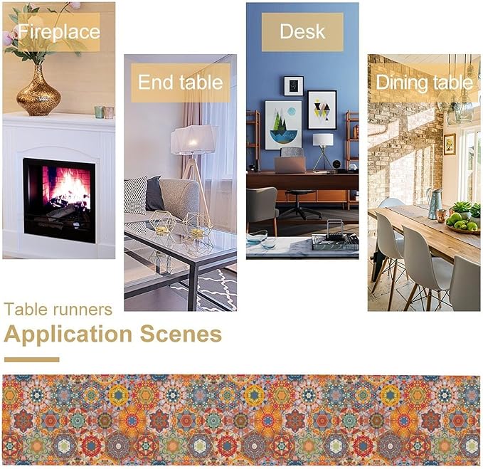 Boho Table Runner, Orange Geometric Mandala Flower Fall Farmhouse Decor Table Runner for Kitchen Dining Party Home Decoration, 13x60 Inch