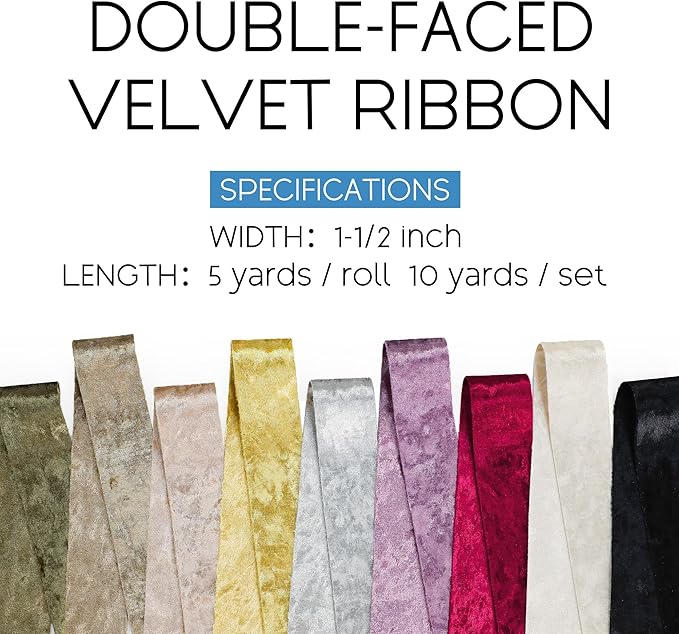 Velvet Ribbon Blue 1-1/2 inch Wide Double-Sided Glossy Fabric Ribbons for Christmas Tree Decor Gift Wrapping Flower Bouquet DIY Crafts 10Yd