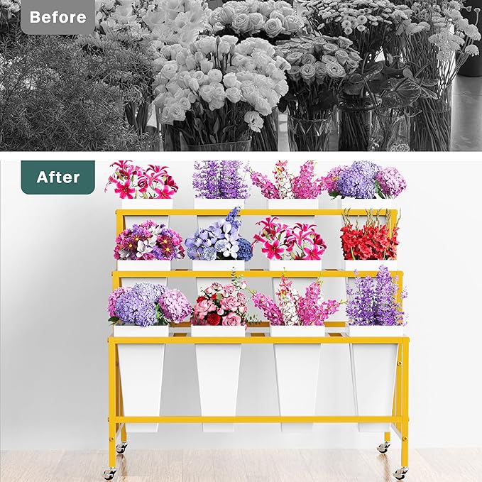 Asee'm Flower Display Stand With 12PCS Buckets 3 Tier Flower Cart Display Stand with Wheels Heavy Duty Moving Metal Plant Stand Flower Bar Flower Rack for Florist Indoor Outdoor Patio Garden Gold