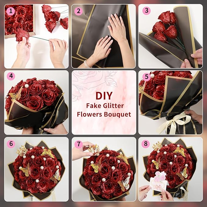 Glitter Roses Bouquet, Shiny Artificial Roses Flowers with Stems DIY Fake Glitter Flowers Bouquet for Valentine's Day, Mother's Day, Anniversary, Graduation, Birthday, Wedding, 36 Roses (Pink)