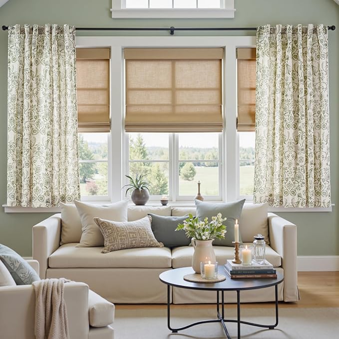 jinchan Linen Floral Curtains for Living Room with Printed Flower 63 Inches Long Light Filtering Farmhouse Window Treatment Vintage Short Drapes Back Tab Rod Pocket 2 Panels Green on Beige