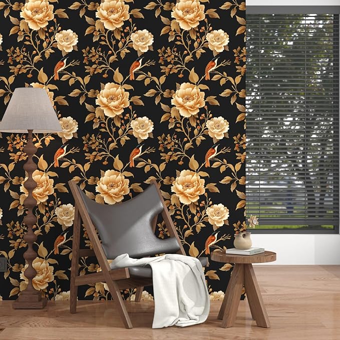 Vintage Floral Bird Wallpaper Peel and Stick Boho Wallpaper 17.5in x393in Black/Golden Floral Wall Mural Waterproof Self-Adhesive Modern Wall Paper for Bedroom Kitchen Cabinet Drawer Decor