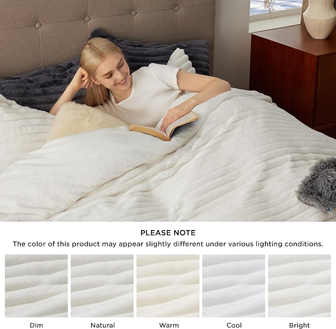 Bedsure Fluffy Duvet Cover Set - Ultra Soft Plush Shaggy Comforter Cover Twin Size, Warm Flannel Fleece Bed Sets for Winter, 2 Pieces (Striped Pattern, Coconut White)