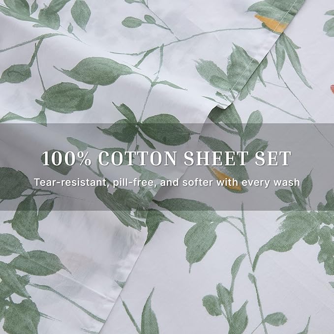 100% Cotton Sheets Set King Size – 4 Pieces Luxury Breathable Percale Cotton Bedding with Deep Pockets, Crisp Cool Feeling, Soft&Durable, Refined Botanical Elegance, Green Floral Bed Sheets