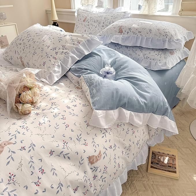 VM VOUGEMARKET Girl's Romantic Ruffle Comforter Set Twin Cute Rabbit Comforter with 2 Pillow Shams Toddler Girls White Lace Bedding Set(3pcs,Twin XL)