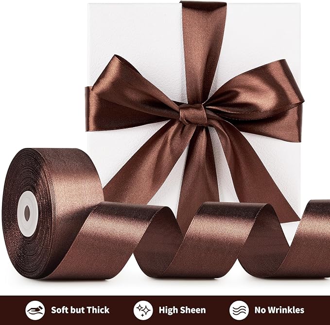 1-1/2 Inch Wide Brown Satin Ribbon, 50 Yards Solid Polyester Fabric Ribbon for Roses Making, Gift Wrapping, Christmas, Wedding Decorations, Crafts, Bows