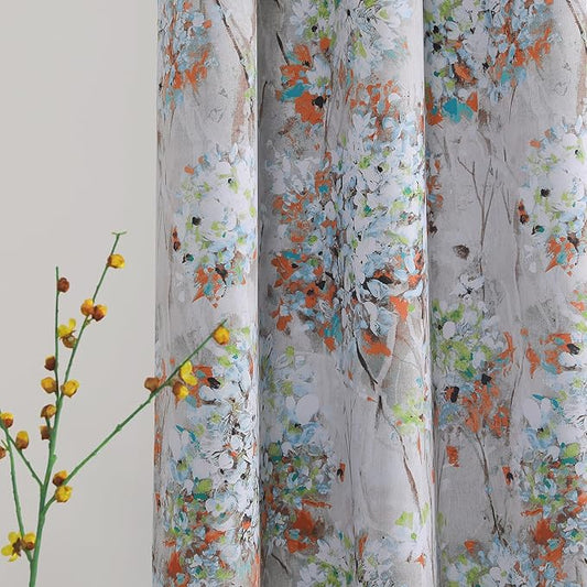 MYSKY HOME Floral Curtains 90 inch Length 2 Panels Light Blocking Curtains for Bedroom Thermal Insulated Living Room Vintage Window Curtains with Grommet, Orange and Green