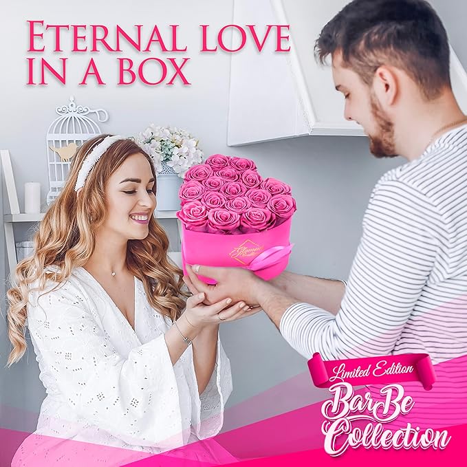 GLAMOUR BOUTIQUE 16 Flower Forever Heart Shape Box - Preserved Roses Gift for Her, Preserved Flowers, Velvet Pink