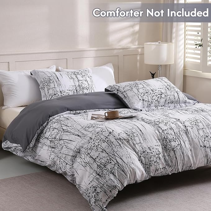 LONAVA Queen Botaincal 3 Pcs Duvet Cover Set, Breathable Soft Microfiber Deep Grey Lining Comforter Cover with Zipper Closure, and 2 Anti-Pilling, Fade Resistant Pillowcases, Winter Forest