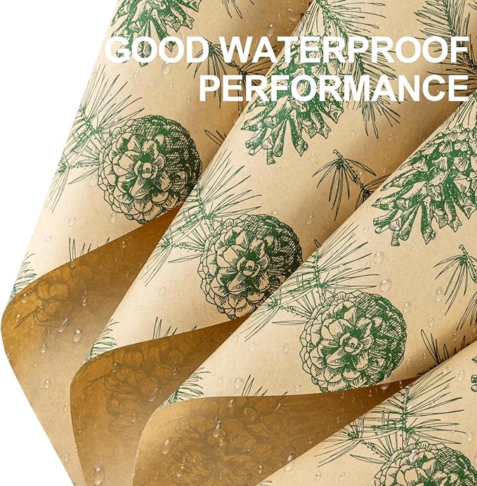 LeZakaa 20 Sheets Kraft Christmas Flower Wrapping Paper, Green Pinecone and Branches on Kraft Floral Bouquet Paper Gift Wrap for Christmas Party Packaging, Winter Woodland-themed Holiday decor