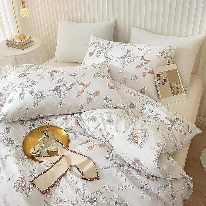 EAVD Vintage Style Garden Floral Duvet Cover Queen Soft Cotton Chic Floral Bedding Set with 2 Pillowcases Aesthetic Spring Botanical Duvet Cover Set for Girls Women