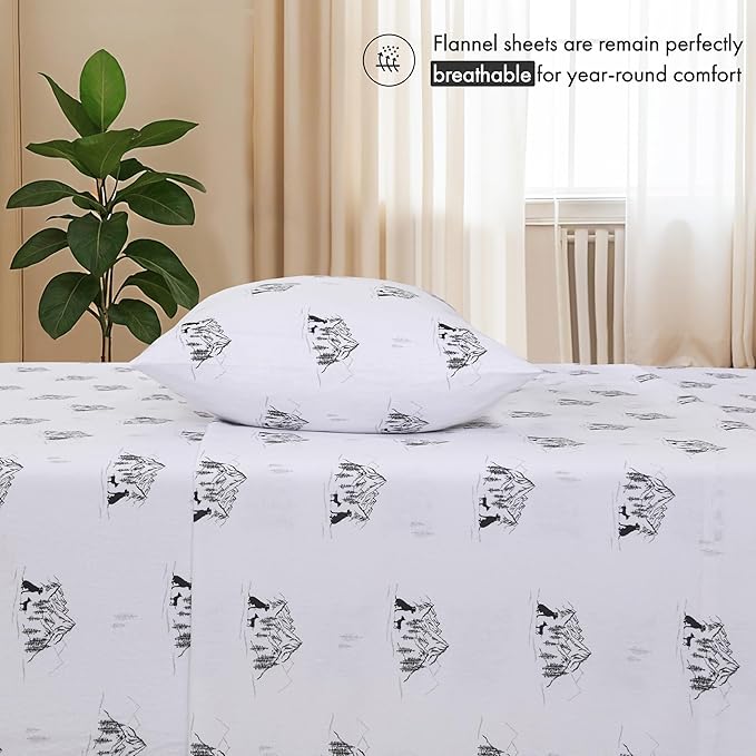 RUVANTI Flannel Sheets Full Size - 100% Cotton Double Brushed Bed Sheets Set, Deep Pockets 16 Inches, All Seasons Breathable & Extra Soft Full Sheets, Warm & Cozy, 4 Piece, Soul Dog White