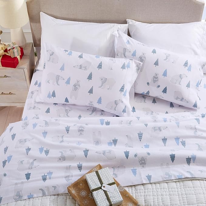 Market & Place 100% Turkish Cotton Flannel Sheet Set | 3 Piece Deep Pocket Novelty Cozy Winter Bed Sheets | Double Brushed for Extra Softness & Comfort | Alpine Collection (Twin, Polar Bears)