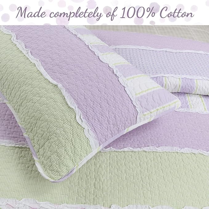Cozy Line Home Fashions Lavender Green Stripe Dots Girl 100% Cotton Reversible Quilt Bedding Set, All-Season Coverlet Bedspread (Purple Dots, Twin - 2 Piece)