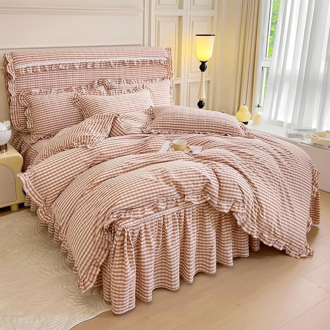 LifeTB Pink Gingham Comforter Set Twin XL Vintage Ruffle Pink Plaid Comforter Set Soft Fluffy 3 Pieces Grid Checkered Pattern Comforter with 2 Pillowcases Farmhouse Gingham Bedding Set Twin XL