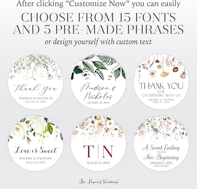 Personalized Floral Wedding Stickers with Your Choice of 30 Flower Styles - Choose Font and One of Five Pre-made Phrases or Add Custom Text (024 - Purple Lilac Flowers)