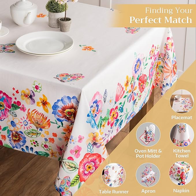 Maison d' Hermine Table Cloth Rectangle Table 100% Cotton 70 x 90 Inches Tablecloth Reusable for Dining Room, Farmhouse, Home, Party, Festive & Wedding Spring Summer - Happy Florals - High Summer