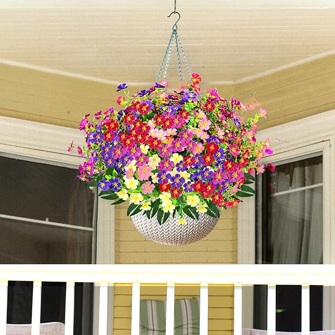 Artificial Faux Plants Flowers Outdoor Decoration,16 Bundles Fake Silk Colorful Daisy Eucalyptus Realistic UV Resistant for Outside Home Planter Porch Patio Yard Decor (red, white, pink,purple, green)