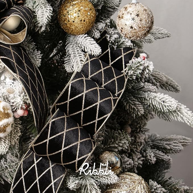 Ribbli Black Velvet Ribbon Wired with Glitter Diamond Grid 4 Inch Christmas Ribbon for Christmas Tree Decoration Big Bow Gift Wrapping Crafts Wreaths Garland Supplies - 10 Yards