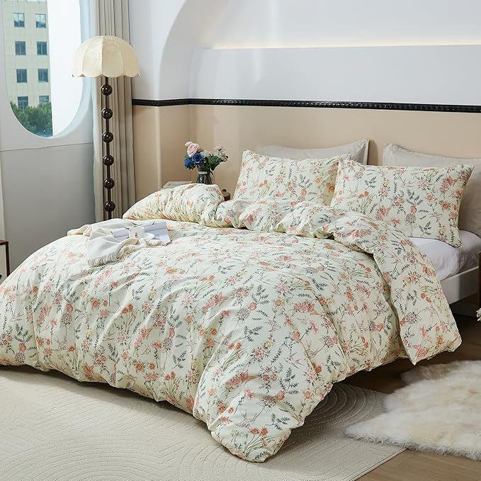 100% Cotton Duvet Cover King Size – Vintage Botanical Floral Duvet Cover Set with Zipper Closure, 3-Piece Soft Breathable Natural Premium Cotton Bedding Set for All Seasons