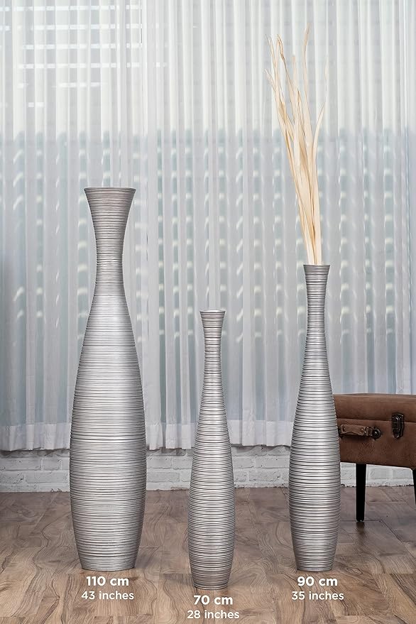 Leewadee Large Silver Home Decor Floor Vase - Wooden 41 inch Tall Farmhouse Decor Flower Holder for Fake Plant and Pampas Grass