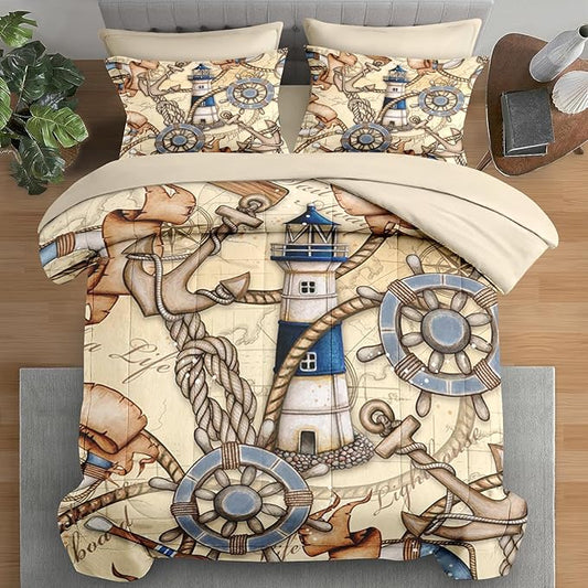 Comforter Set Queen Size, Vintage Nautical Lighthouse Map 7 Pcs Bedding for Kids and Adults, Retro Anchor Beige Bed Sheet Sets with Fitted Sheet 2 Pillowcase & 2 Sham for Bedroom Bed Decor