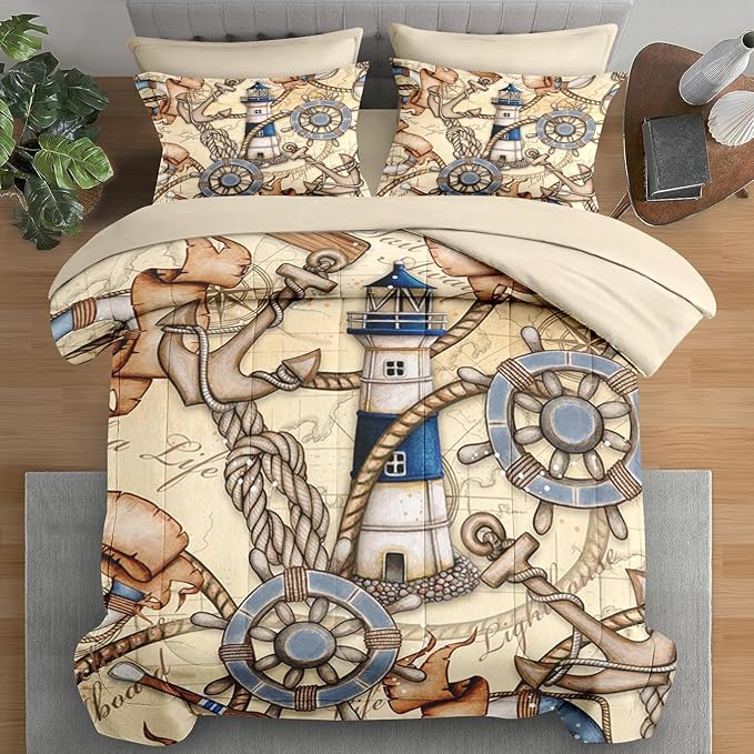 Comforter Set Twin Size, Retro Nautical Lighthouse Map 5 Pcs Bedding for Kids and Adults, Vintage Anchor Beige Bed Sheet Sets with Fitted Sheet Pillowcase & Sham for Bedroom Bed Decor