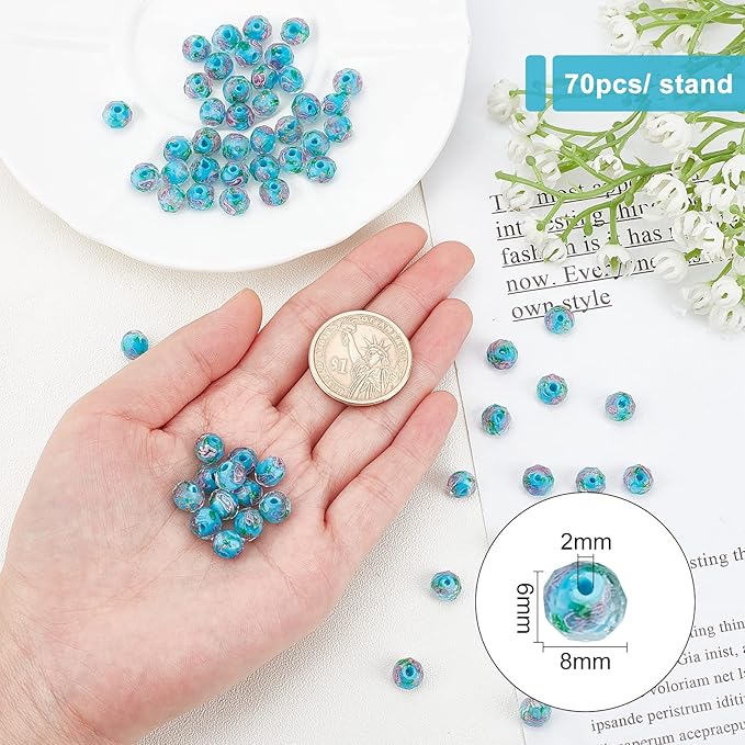 PH PandaHall 70pcs 6~8mm Gold Sand Lampwork Beads Glass Handmade Round Loose Beads for Rosary Making Jewelry Craft Making with 2mm Hole - Deep Sky Blue