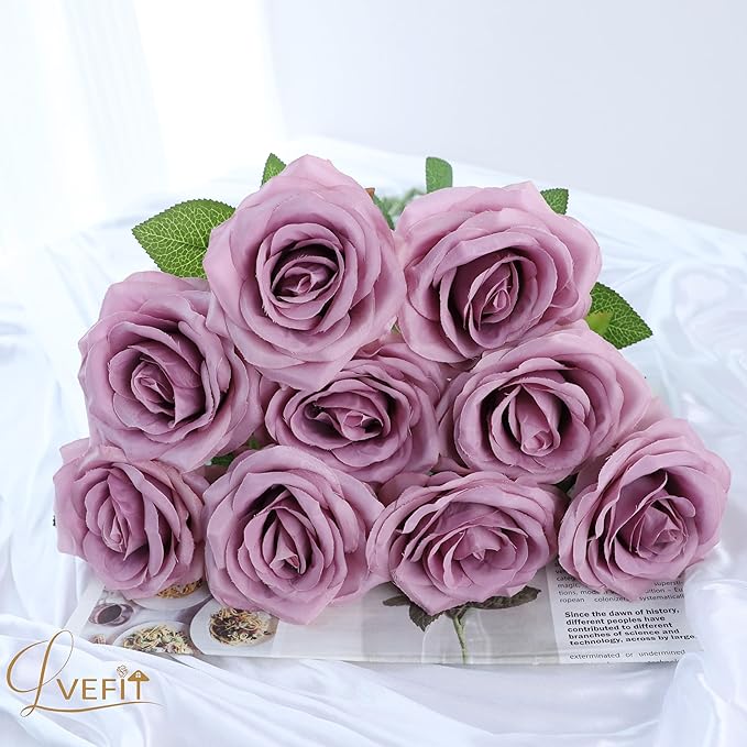 12pcs Artificial Rose Flower Mauve Rose Flower with Long Stem Silk Roses Bouquet for Wedding Bridal Shower Party Home Decoration
