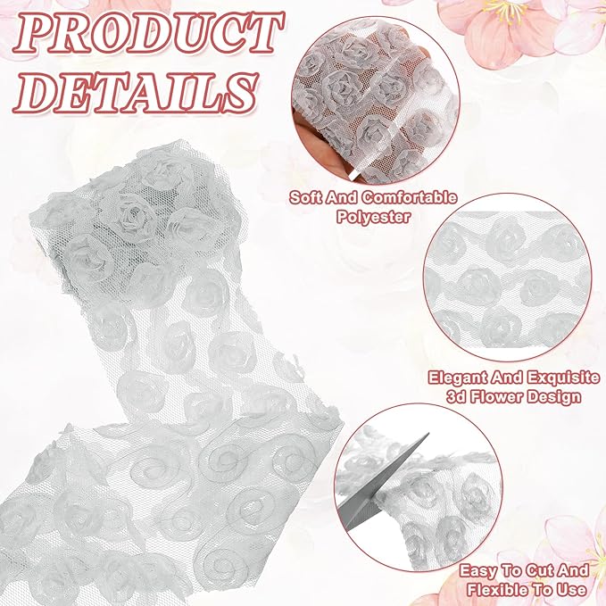 uxcell 2PCS Lace Trim Ribbon, 2.36 inch - 1 Yard 3D Rose Floral Embroidery Ribbons Edge Trimming for Sewing, Wedding Dress, DIY Crafts, Decoration Accessories, Grey
