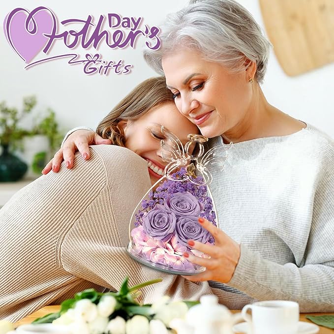 Beferr Christmas Birthday Gifts for Women, Mom Gifts for Christmas Fresh Flowers for Delivery Prime Forever Preserved Rose in Glass Angel, Xmas Gifts for Grandma Wife Sister Her, Lavender Purple