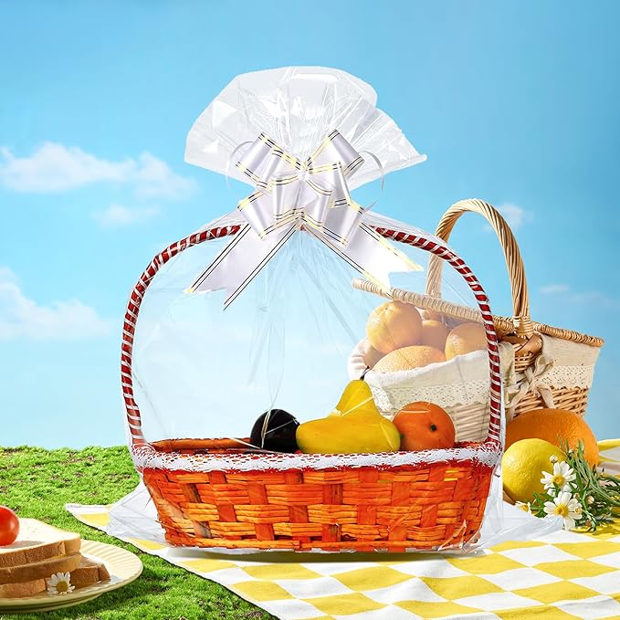50 Packs Large Cellophane Bags 18" x 24" Clear Cellophane Gift Basket Wraps 2.3 Mil Thick Transparent Cello Bags for Fruit Basket, Gift Wrap, Treats, Arts and Crafts, 50ct White Ribbon Bows