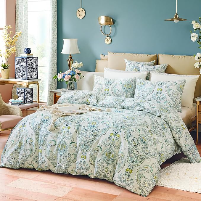 100% Cotton Floral Duvet Cover King - Green Paisley Comforter Cover 3-PC, Soft & Breathable Bedding Duvet Cover Sets with Zipper Closure & Corner Ties, Retro Duvet Cover Sets